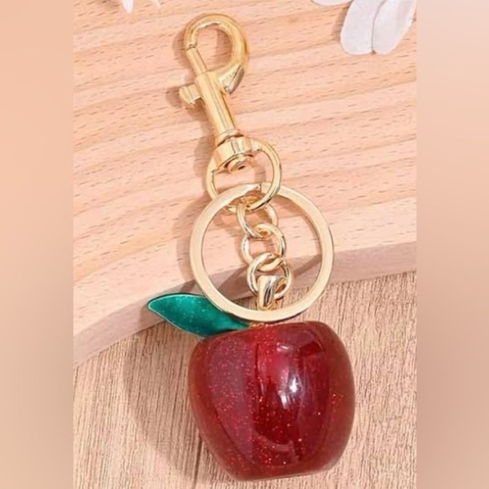 Glittery Red Apple Bag Charm / Key Chain with Goldtone Hardware